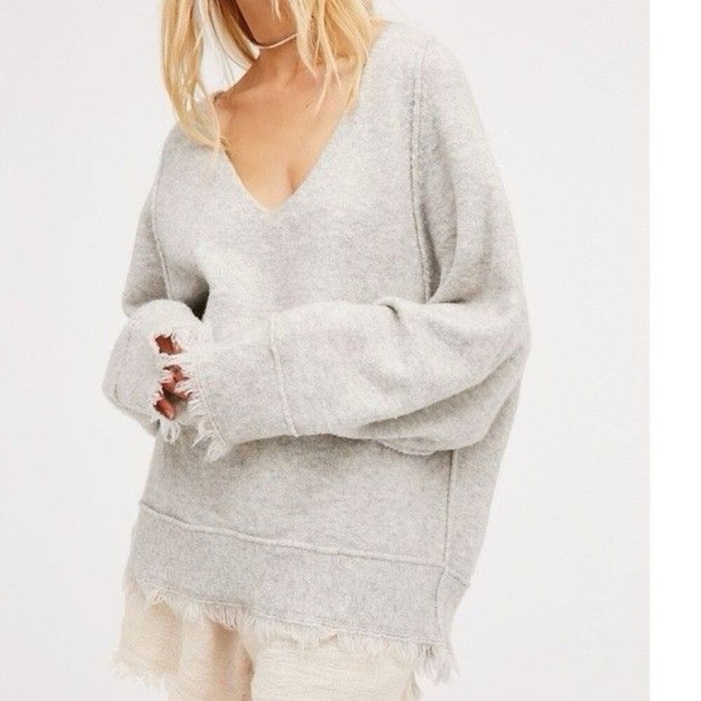 Free People Wool Linen Blend Irresistible Fringe Trim Oversized Grey Sweater S